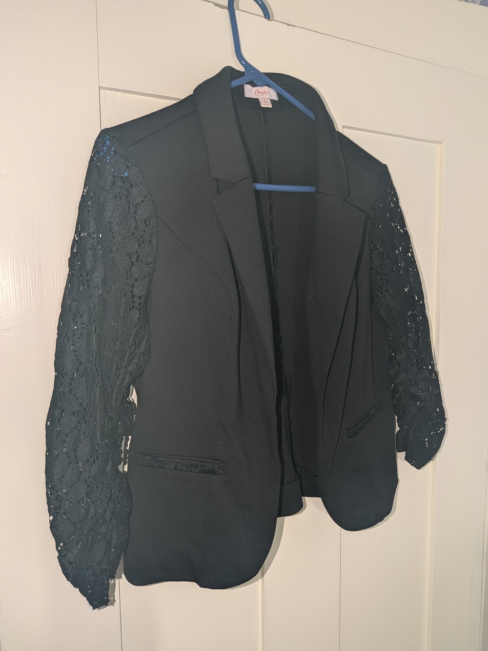 Candies Women's Black Lace-Sleeve Blazer Jacket Small